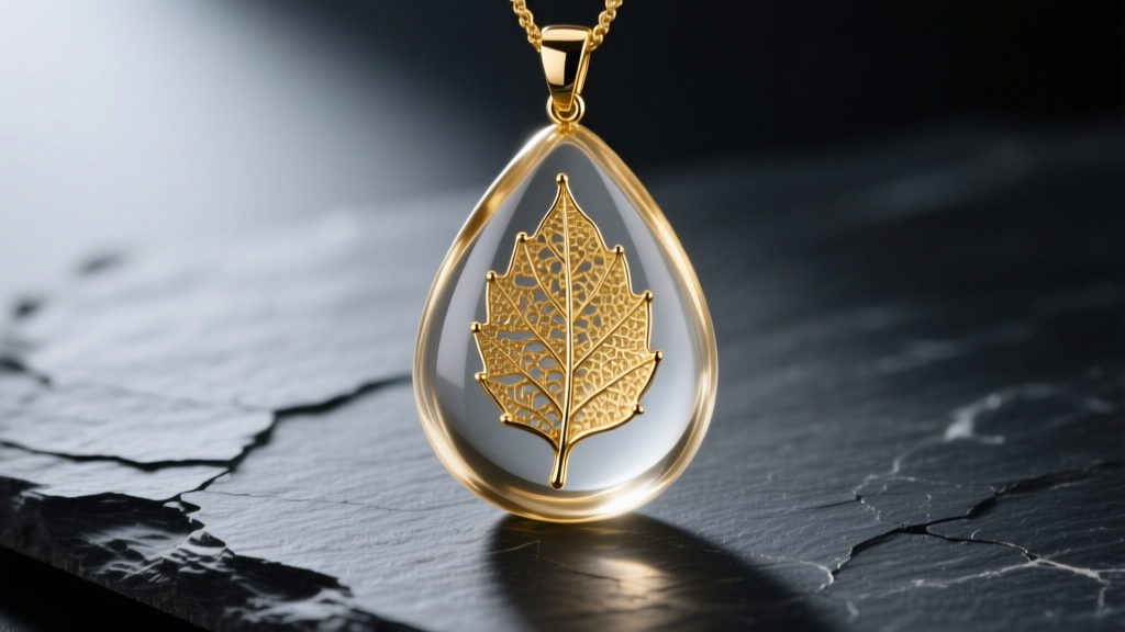 Close-up of a delicate 24k gold leaf pendant encased in clear teardrop resin, resting on dark slate with soft directional lighting.
