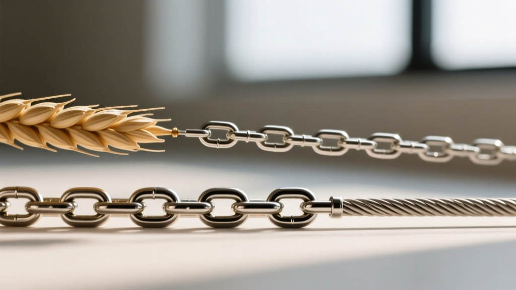 Macro view of a 1.5mm wheat chain and 1.2mm cable chain, highlighting interlocking link structures and precise metal thickness.