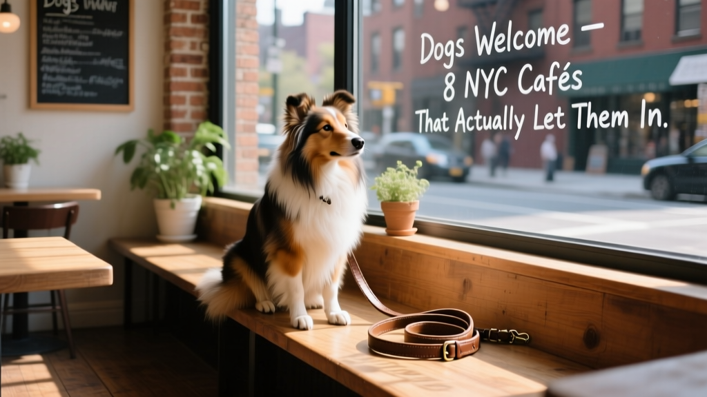 Shetland Sheepdog sitting calmly beside a café window seat, looking out at the street, with a leather leash coiled neatly on the floor