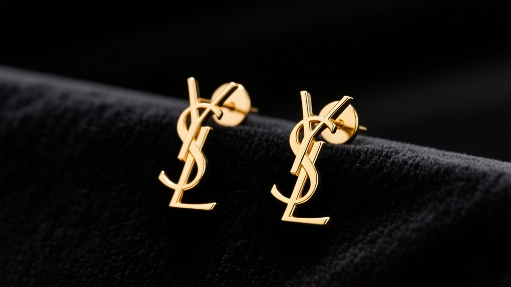 Modern YSL gold-tone Cassandre logo drop earrings on black velvet, illuminated by soft studio lighting to highlight metallic sheen