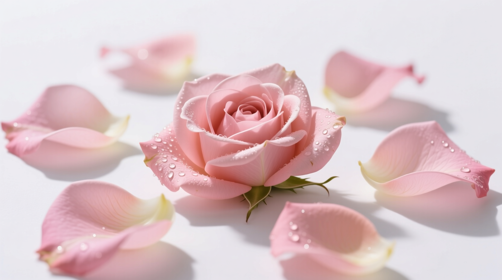 Fresh pink rose petals on white background