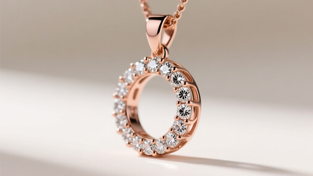 Side profile of a rose gold titanium pendant showing the micro-pave cubic zirconia halo setting and prong structural integrity
