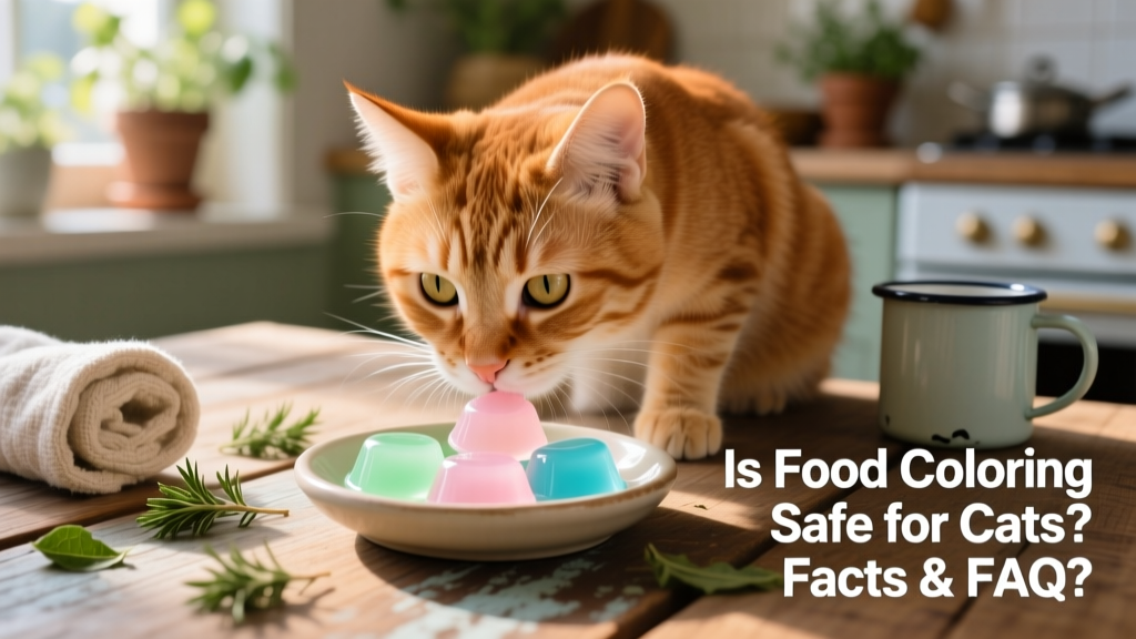Close-up of a curious cat sniffing a small dish containing pastel-colored, cat-safe gel treats