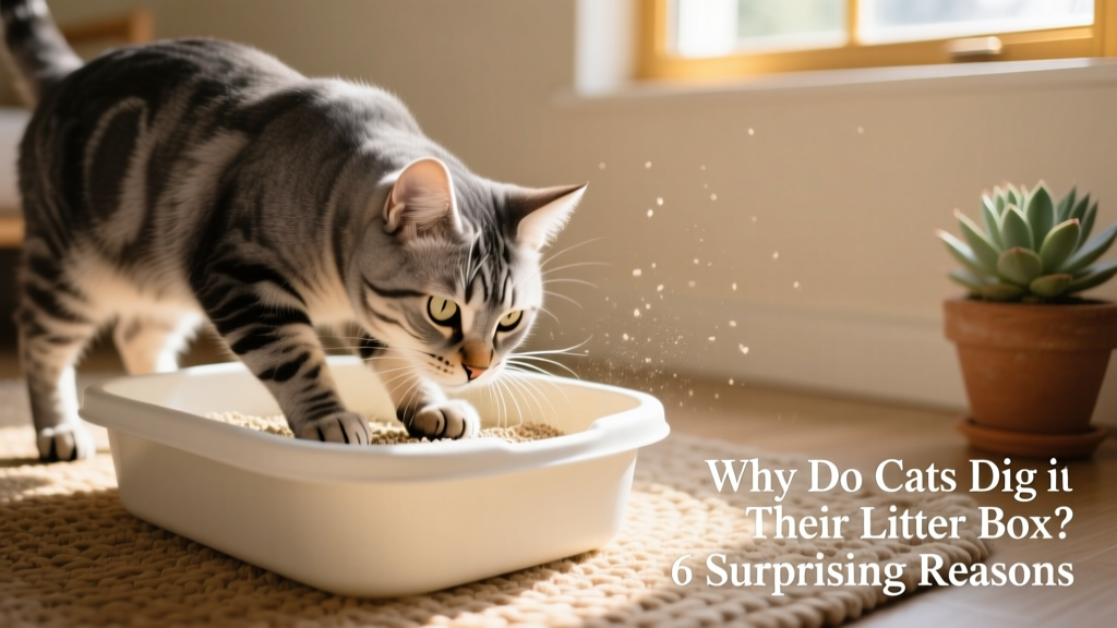 a cat digging and sniffing litter in a cat litter box