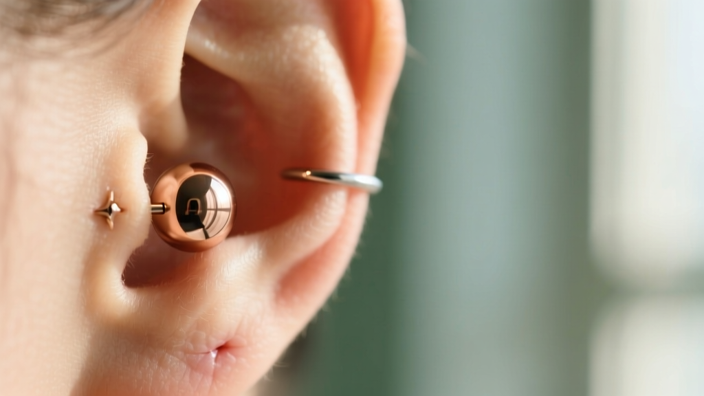 Close-up of a 16g threadless rose gold ball earring post in a healed helix piercing with soft, blurred background.