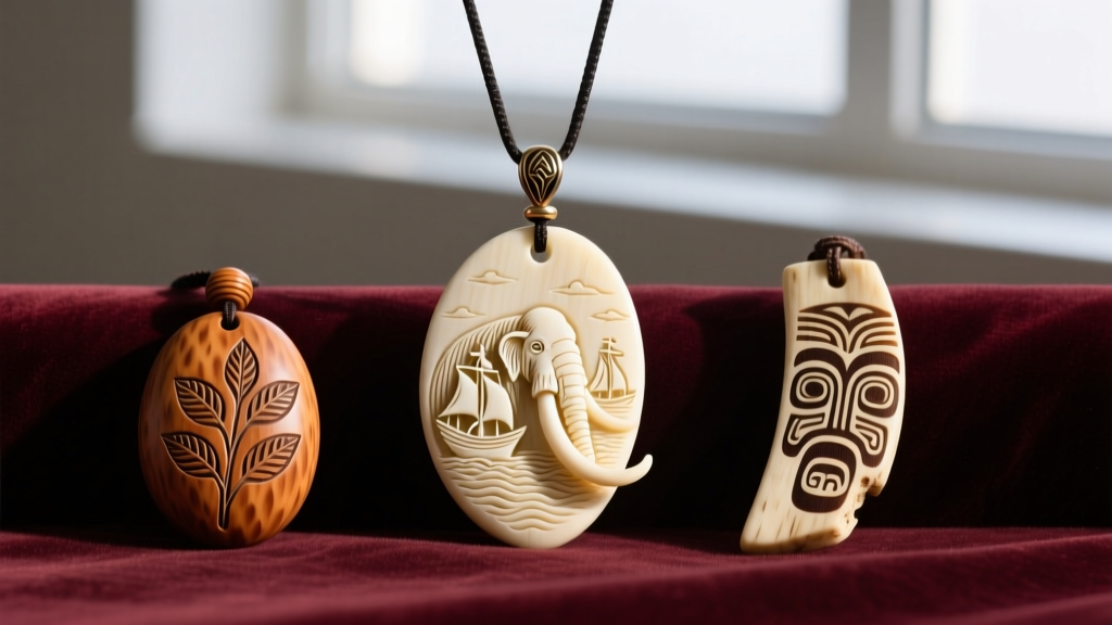 Three scrimshaw pendants on velvet: creamy fossil mammoth ivory, warm tagua nut, and textured ethically sourced bone carvings.