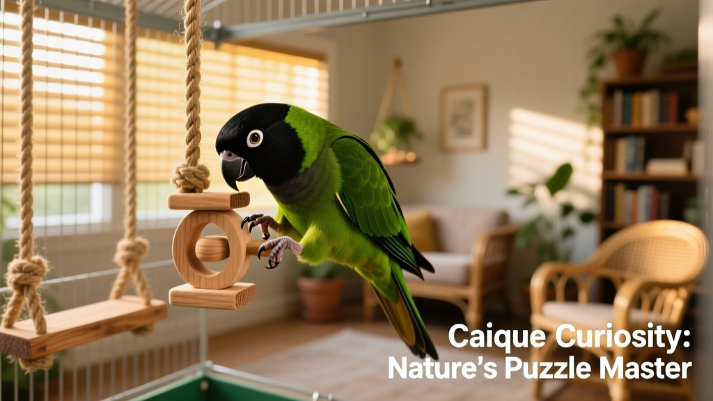 A curious black-headed caique exploring a wooden puzzle toy inside a spacious cage with hanging ropes and swings