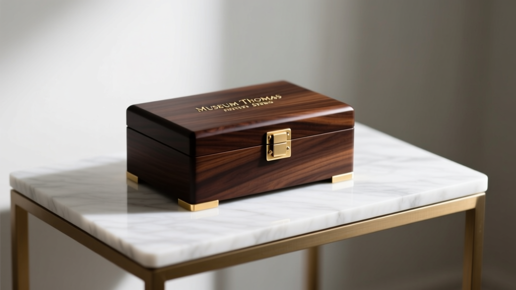 Museum Thomas Series jewelry box in dark walnut with brushed brass hardware resting on a white marble console table in soft light.