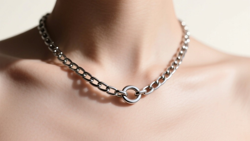 Macro photography of a hypoallergenic titanium lariat necklace clasp and chain links resting on smooth skin near the bare midriff.