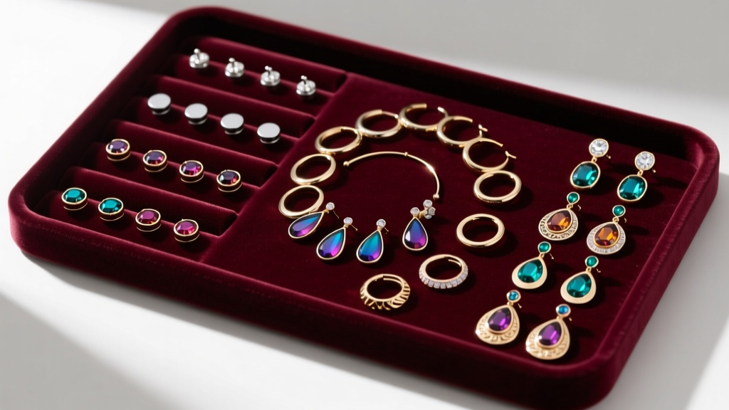 Velvet tray with custom-slotted inserts organizing 8mm flat-back labrets, 20mm clicker hoops, and 40mm statement drop earrings.