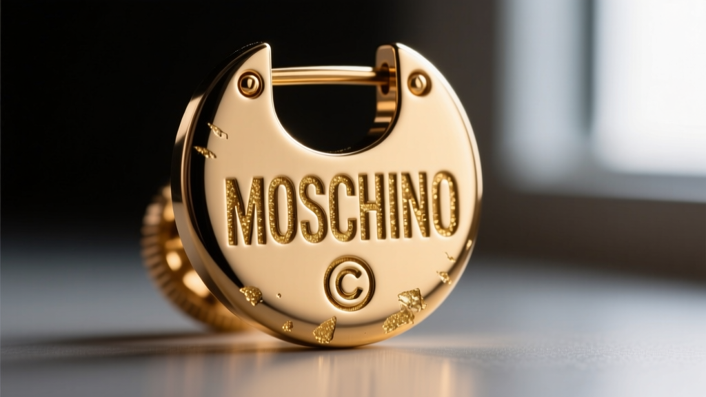 Macro view of a Moschino earring back plate, showing deep stamp font kerning, copyright symbol, and gold flash plating edge wear.