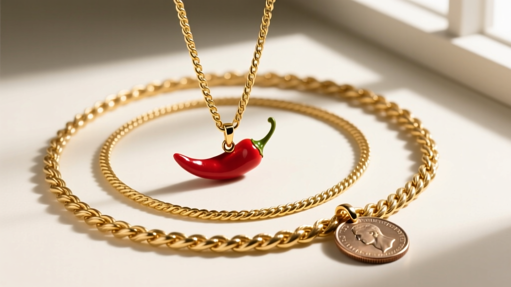 Flat lay of three layered gold chains featuring a small chili pepper pendant on a cable chain and a coin on a rope chain.