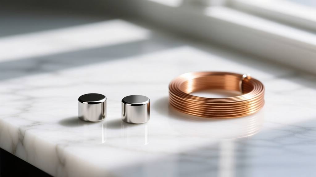 Two small titanium-coated neodymium magnets resting on a white marble surface next to a copper wire coil to show jewelry scale