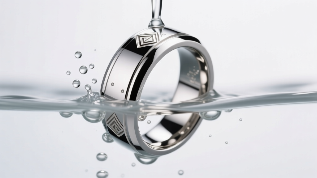 Side profile of a 316L steel signet ring in an ultrasonic cleaner, with cavitation bubbles surrounding the polished metal surface.