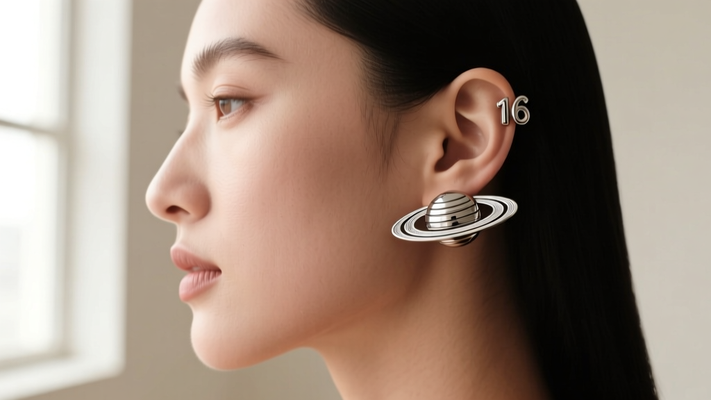 Side profile of a woman wearing a 16-gauge titanium saturn ear cuff on her upper helix cartilage, showing planetary ring details
