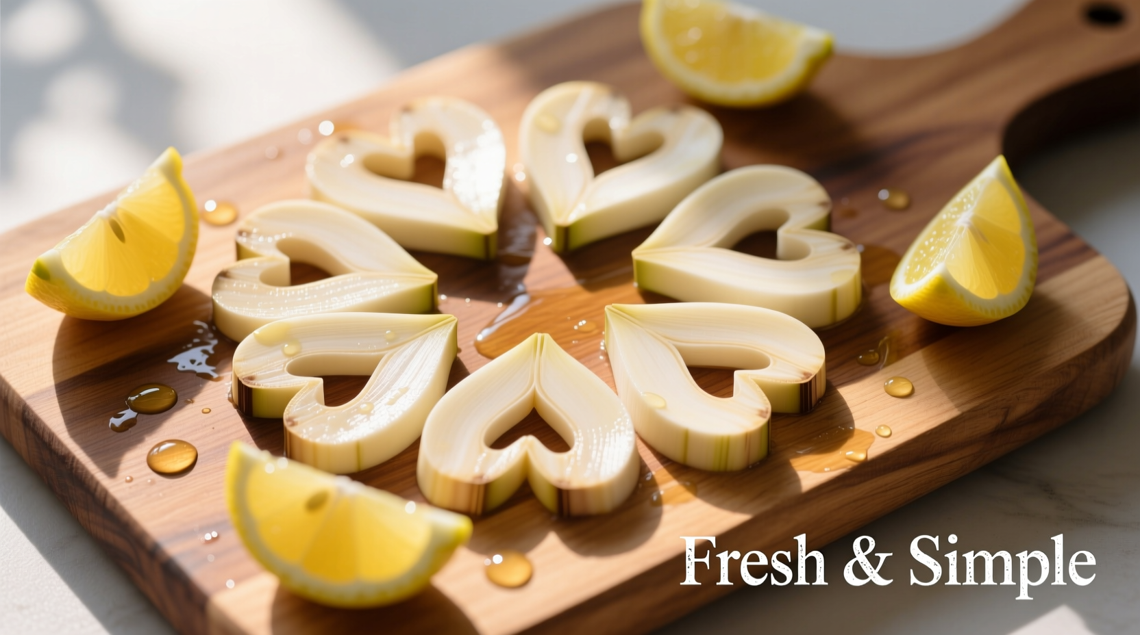Fresh hearts of palm sliced on cutting board with lemon wedges