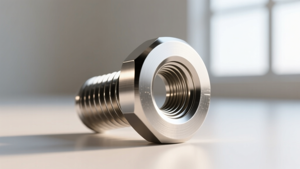 Extreme close-up of an internally threaded 16-gauge titanium flat back post showing the precise screw mechanism and mirror polish