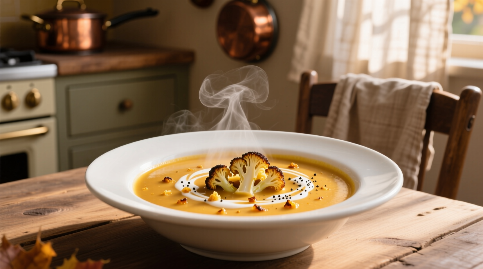 Golden roasted cauliflower soup in white bowl