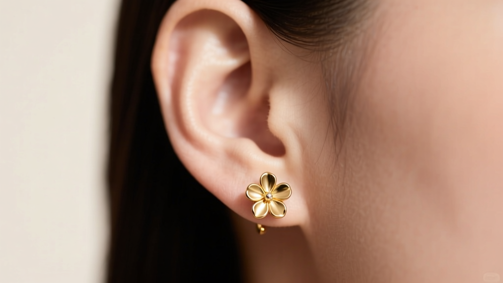Macro close-up of an ear curation featuring 14k gold small flower earrings on the lobe and helix in soft lighting.