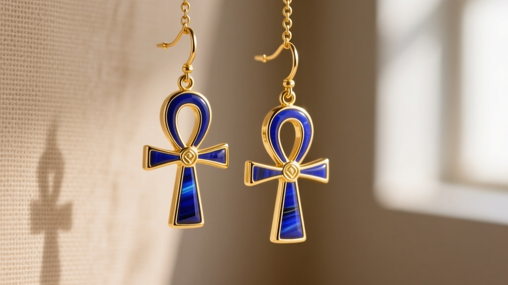 Close-up of 18k gold vermeil Egyptian Ankh drop earrings with lapis lazuli inlay, worn against a soft neutral linen background