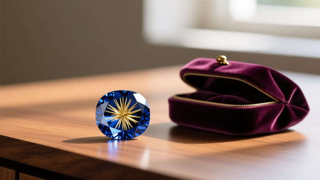 Macro shot of a Ceylon sapphire showing fine rutile silk inclusions, resting beside a soft velvet jewelry pouch on a wooden desk.