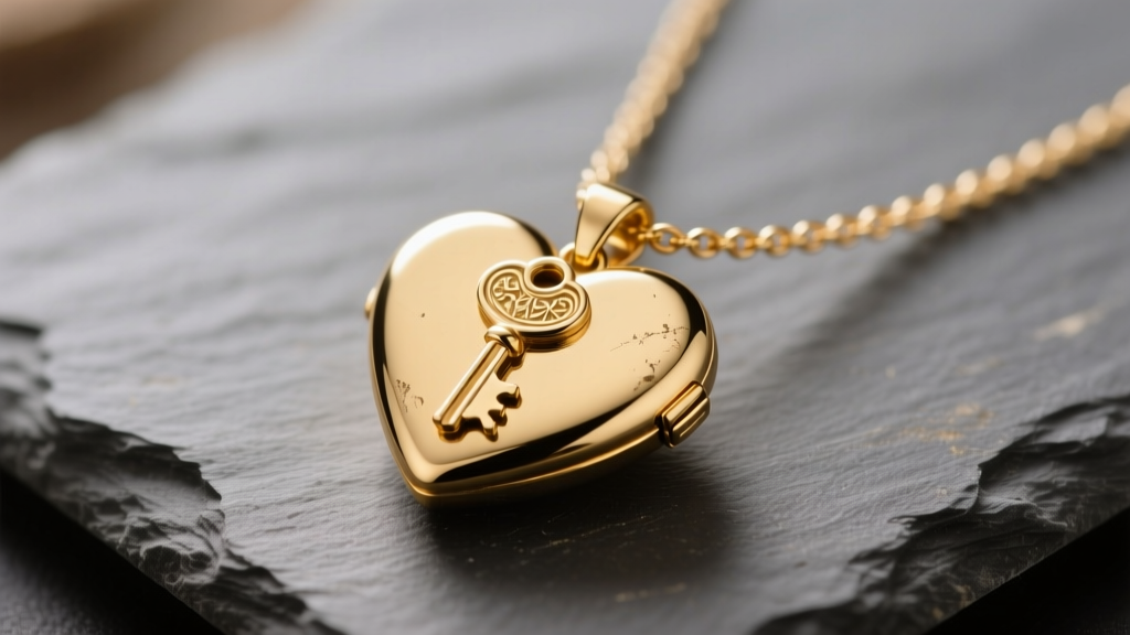 14k gold key in heart necklace on slate, showing key teeth, locket hinge, and a delicate 1.2mm cable chain in soft light