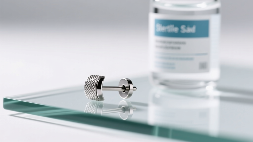 Macro photo of a 16-gauge titanium earring post on glass beside a blurred bottle of sterile saline in bright lighting