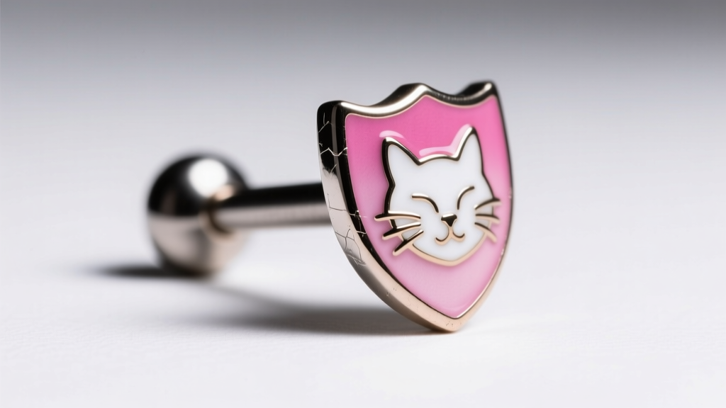 Macro shot of 14g titanium nipple barbell with a flush-fit, pink and white enameled feline shield under soft studio lighting