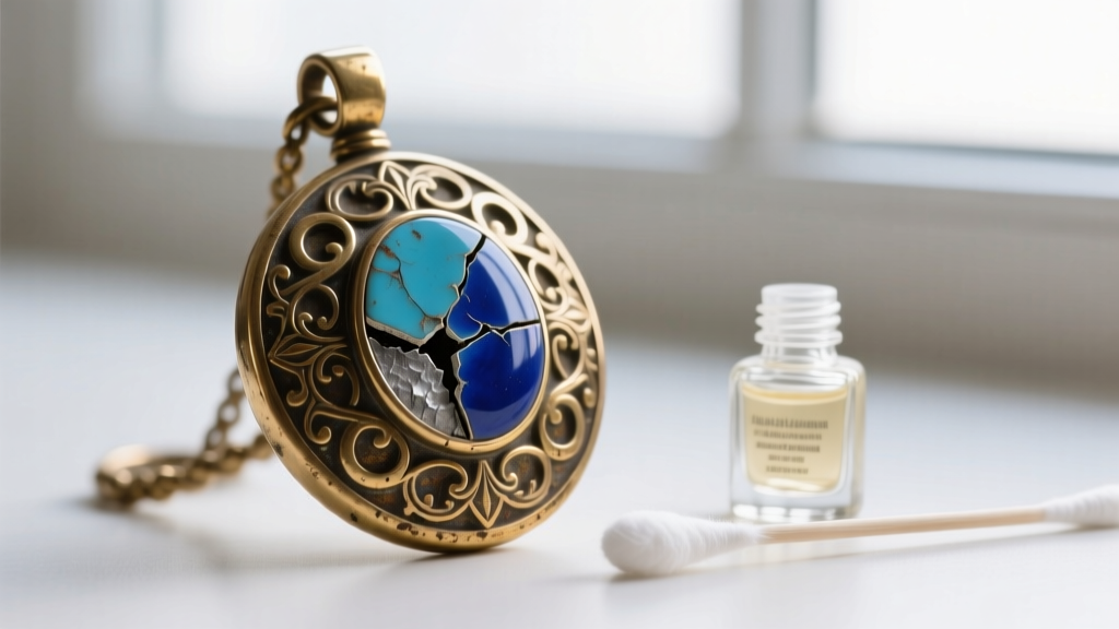 Macro shot of a brass Amulet of Glory replica showing chipped blue enamel inlay, with a cotton swab and jewelry polish nearby