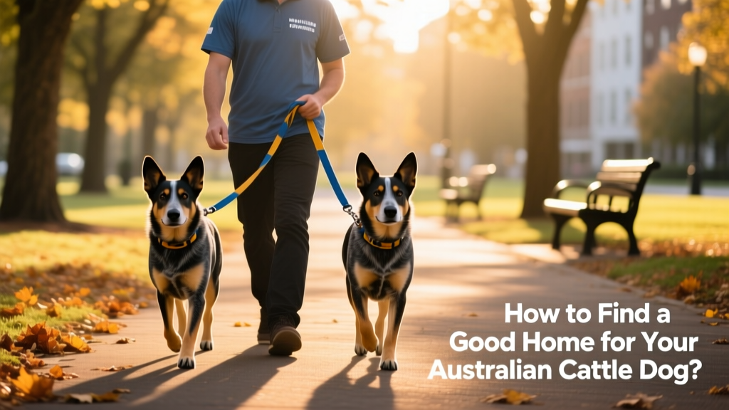 Volunteer walking two Australian Cattle Dogs on leashes at a quiet park during golden-hour light