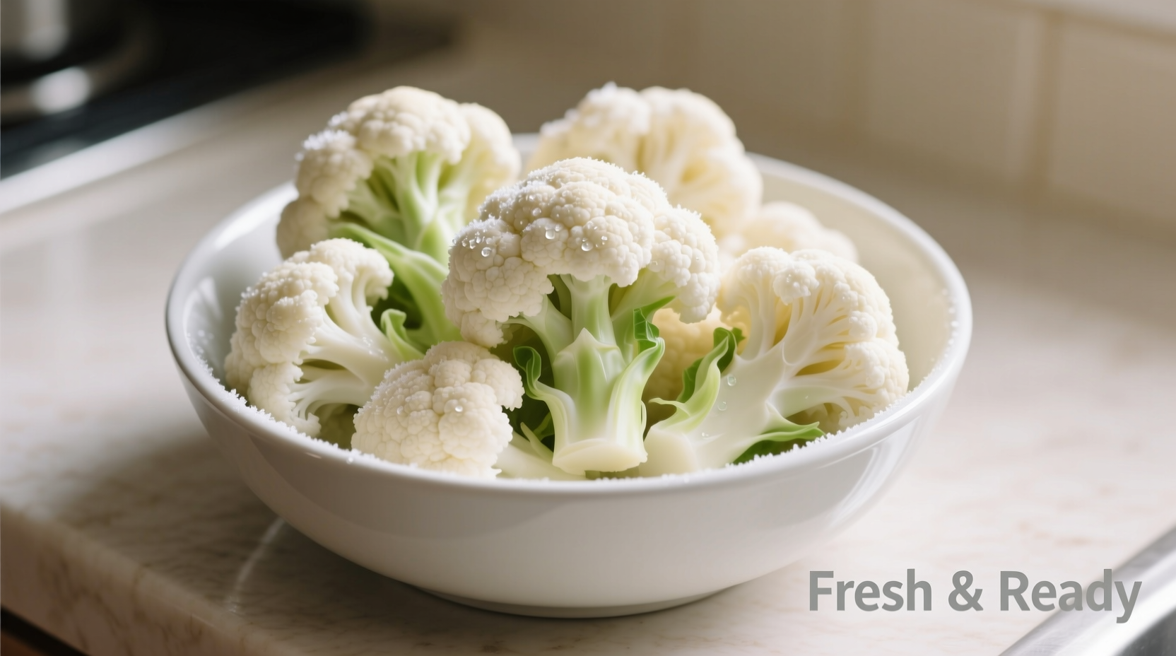 Fresh cauliflower florets in microwave-safe bowl