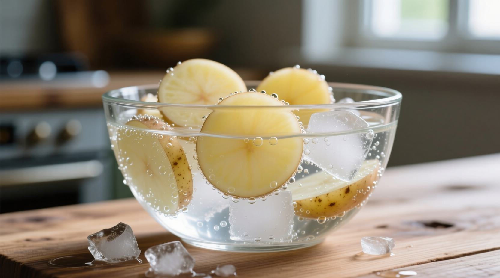 Thin potato slices soaking in ice water