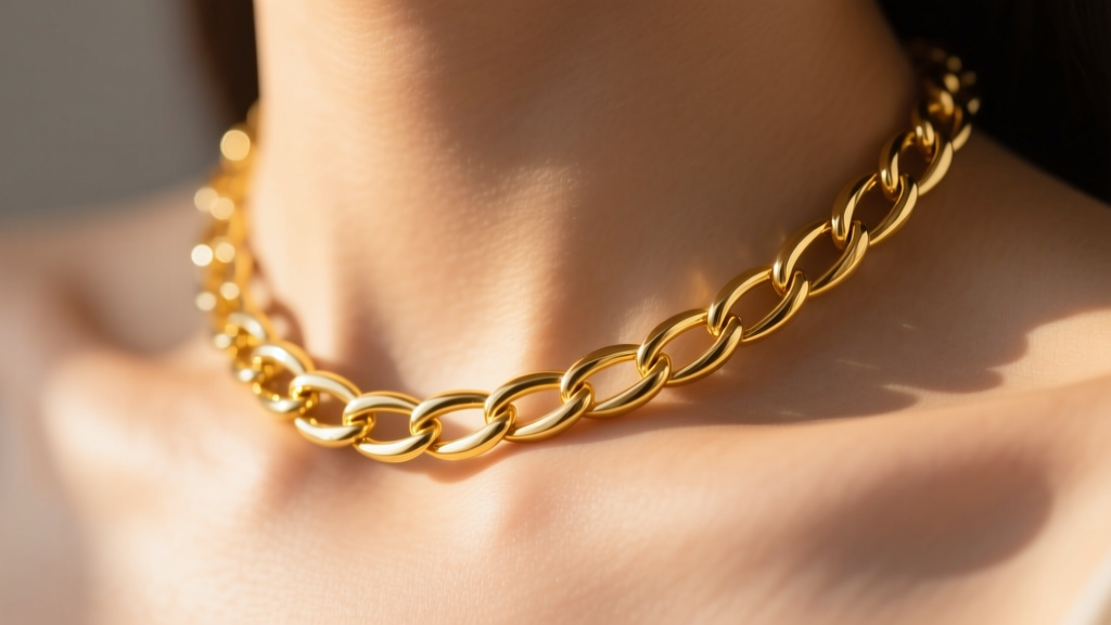 Macro shot of an 18k yellow gold necklace chain on a collarbone, highlighting intricate metal links and warm light reflections.