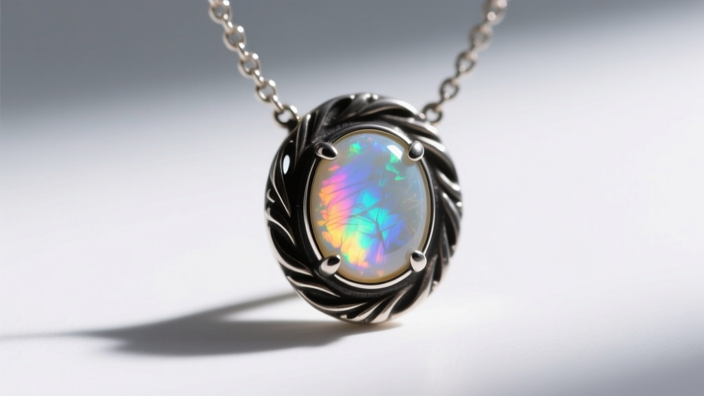 Close-up of a replica H2O Just Add Water Bella necklace featuring a glowing rainbow moonstone cabochon set in oxidized silver bezel