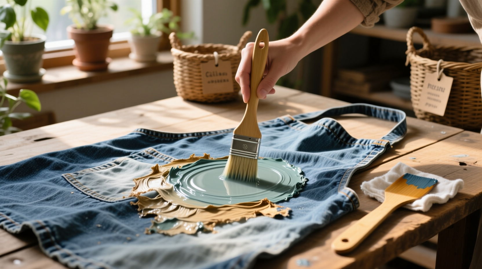 eco friendly cleaning remove acrylic paint from denim aprons