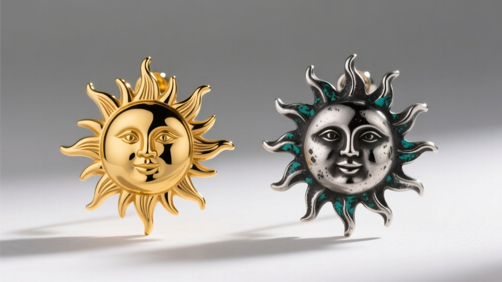 Macro comparison of a polished brass sun face earring showing warm yellow tones next to an oxidized sterling silver version.