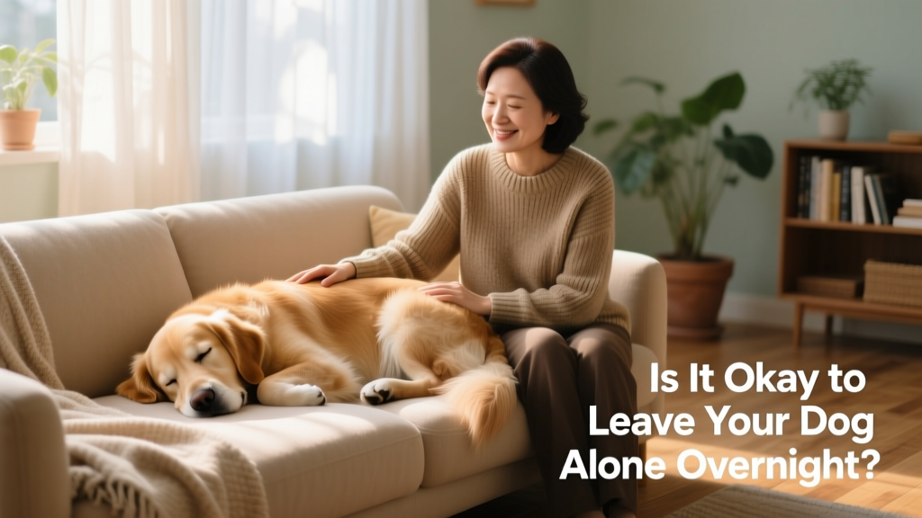 A happy dog sleeping soundly beside a pet sitter on a couch, with soft lighting and a peaceful atmosphere