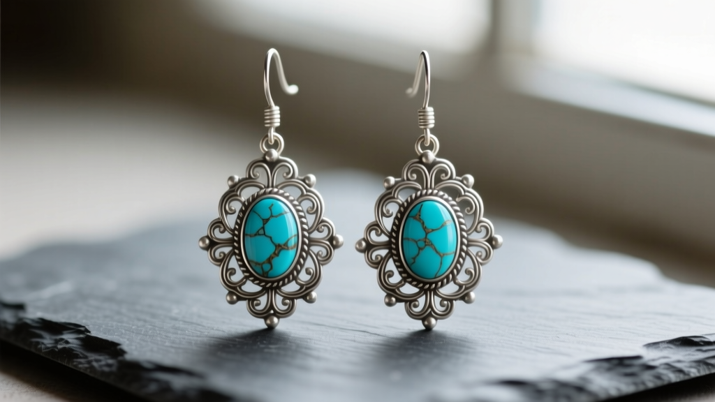 Close-up of vintage Taxco sterling silver filigree drop earrings with natural turquoise cabochons resting on a dark slate surface