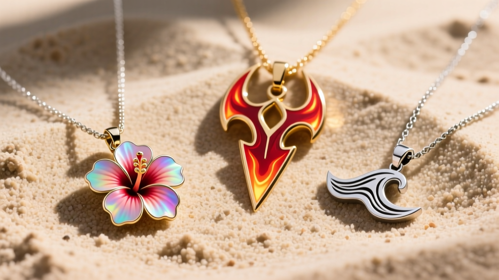 Flat lay of three different fandom necklaces on textured sand, featuring a hibiscus flower, a fire knife, and a subtle wave motif
