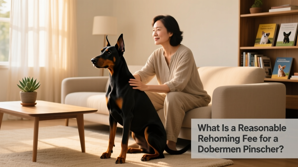 A calm, well-groomed Doberman Pinscher sitting beside a loving owner in a sunlit living room