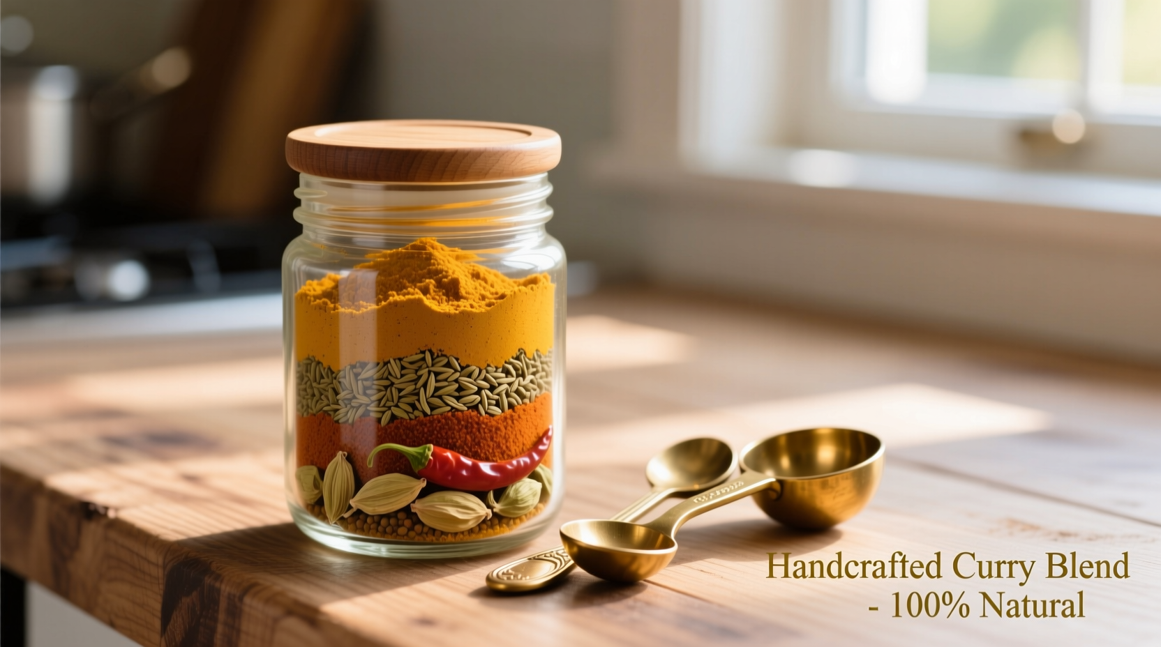 Homemade curry spice blend in glass jar with measuring spoons