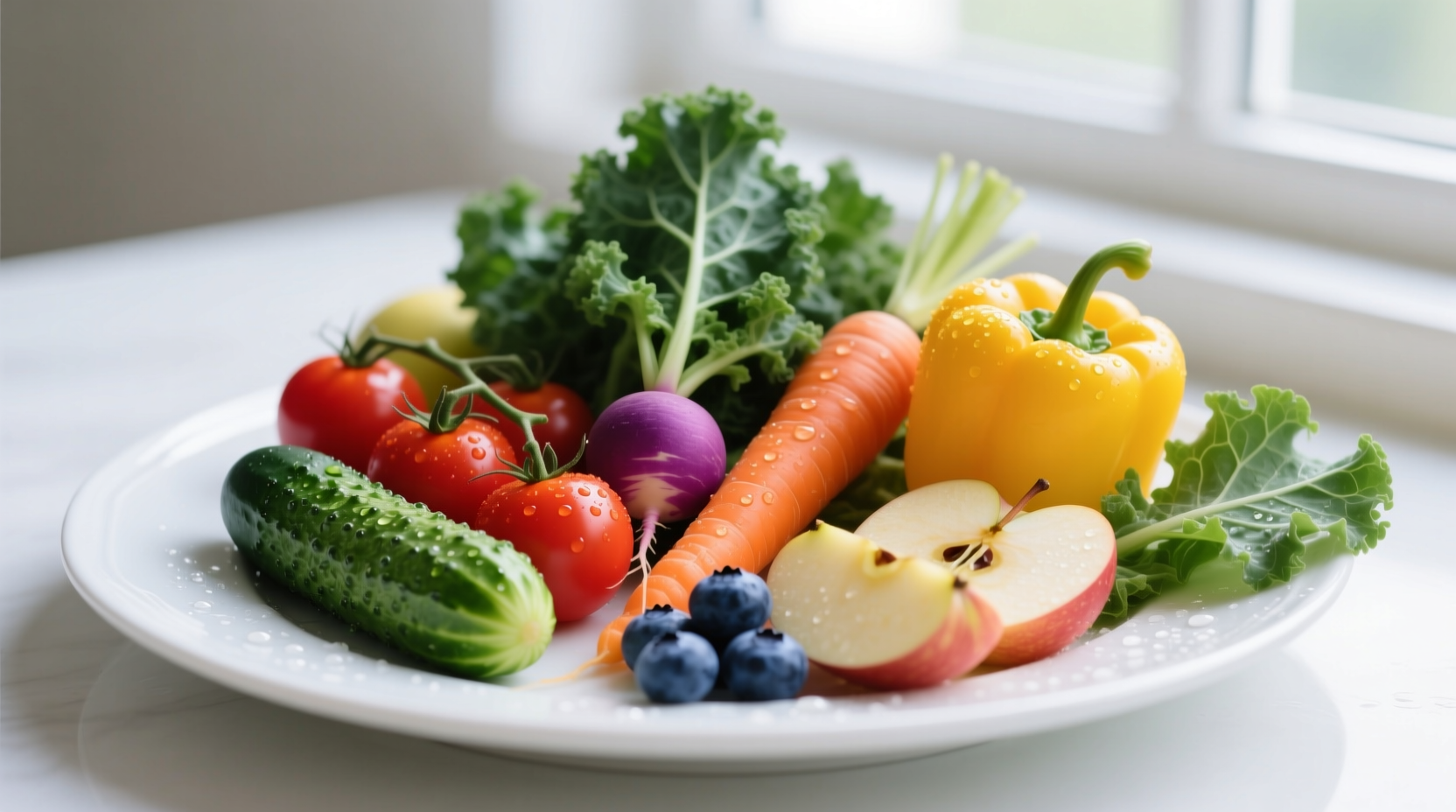 Colorful assortment of low-calorie vegetables and fruits on white plate