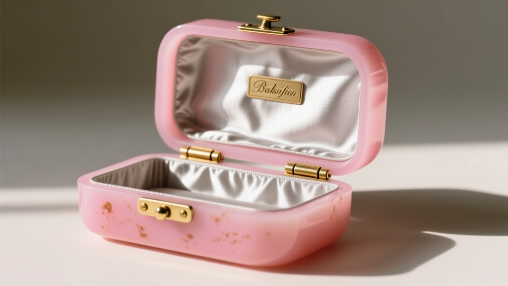 Brass replacement hinges and new anti-tarnish Pacific Silvercloth liner inside a restored 1940s vintage pink bakelite jewelry box