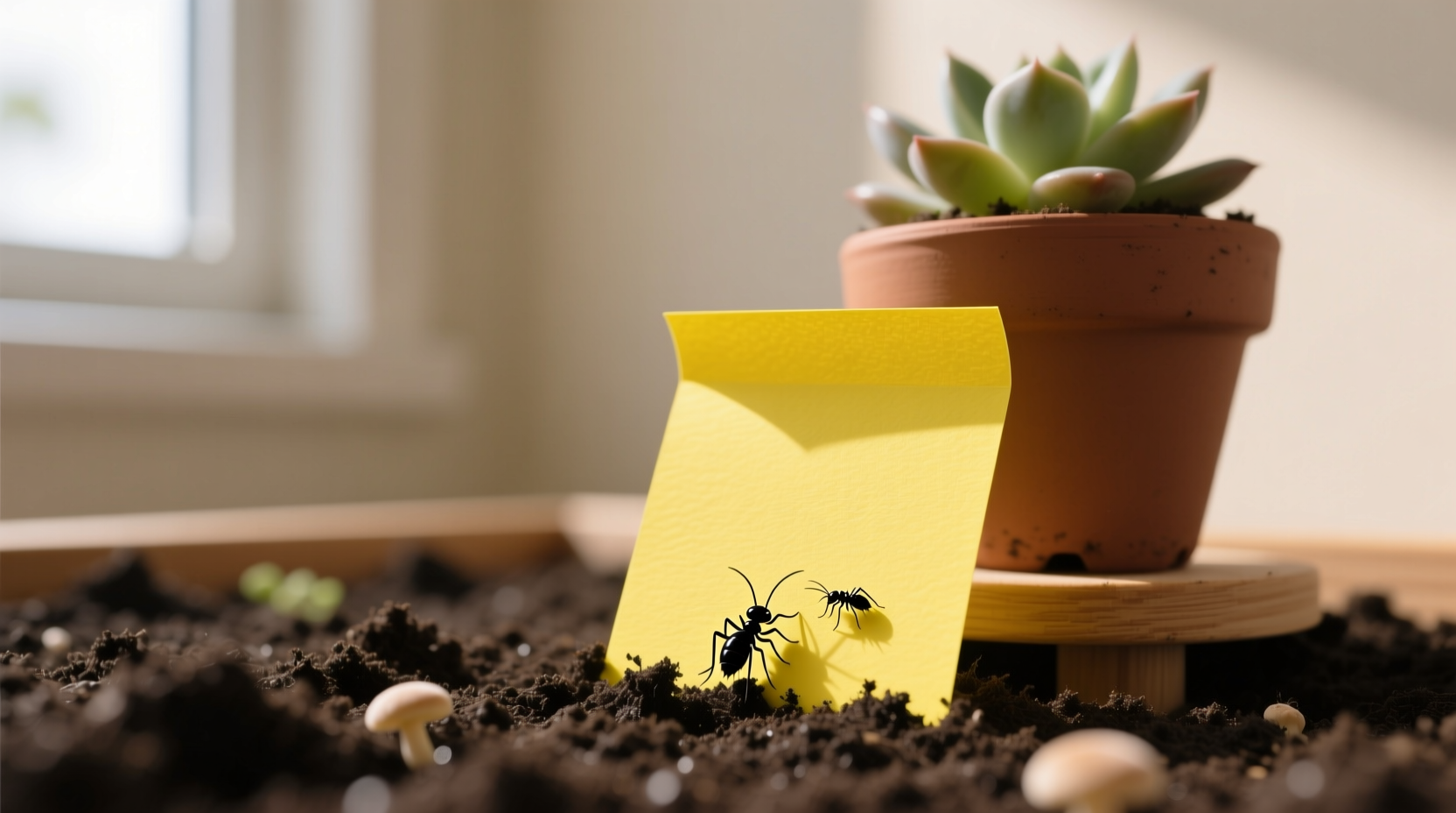 Spring humidity peak fungus gnat sticky trap placement showing yellow card at soil level for adult monitoring