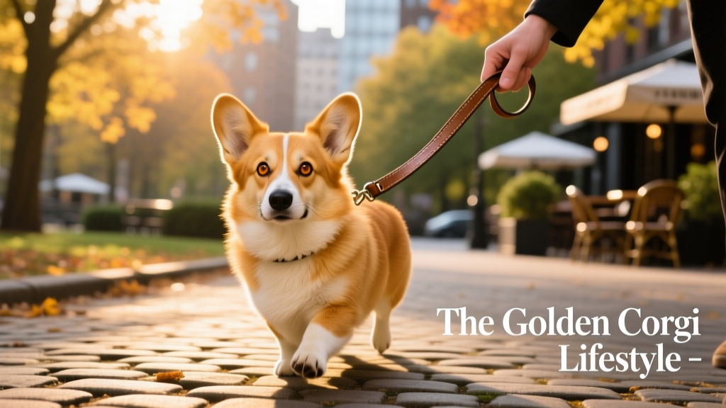 golden corgi on leash