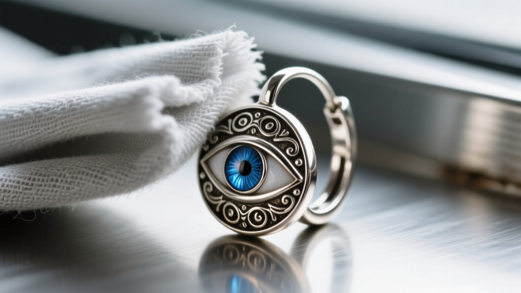 Macro shot of a silver polishing cloth wiping a tarnished sterling silver evil eye hoop earring, revealing bright, shiny metal.