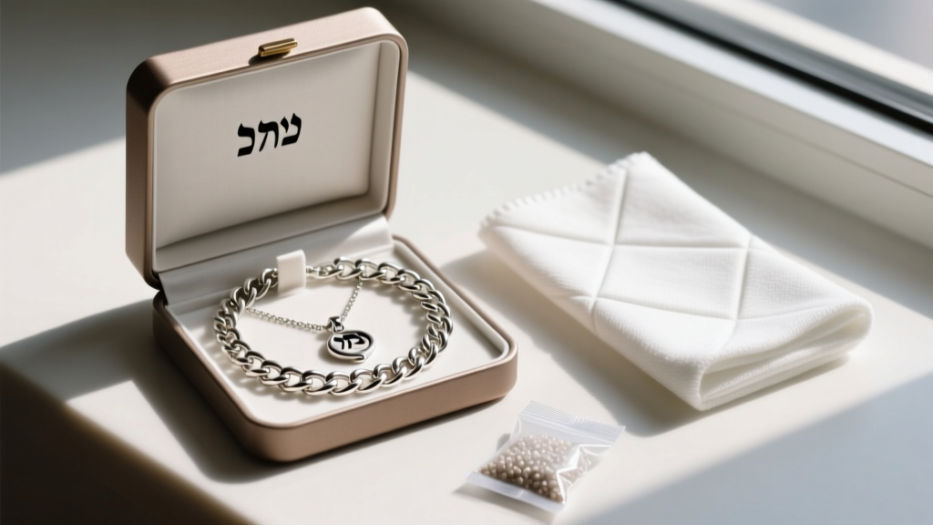 Anti-tarnish box displaying a coiled silver Shema chain and pendant next to a microfiber cloth and a small silica gel packet.
