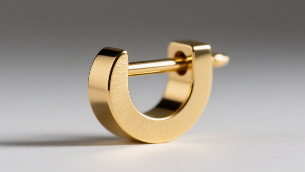 Close-up of 18-gauge threadless gold earring post showing a precise 45-degree bend on the insertion pin for a secure tension fit.