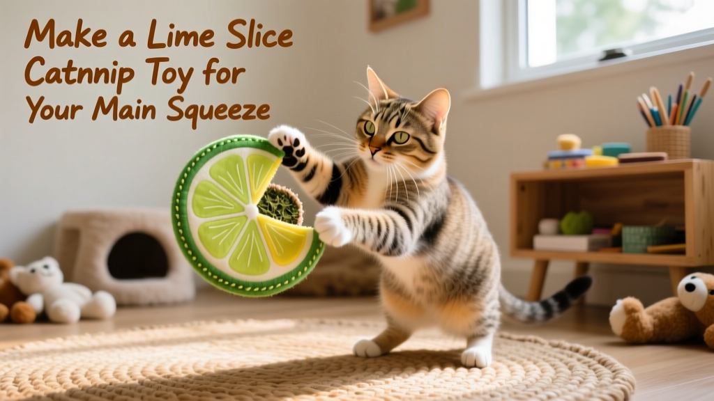 Cat batting the lime slice toy with both paws, mid-play