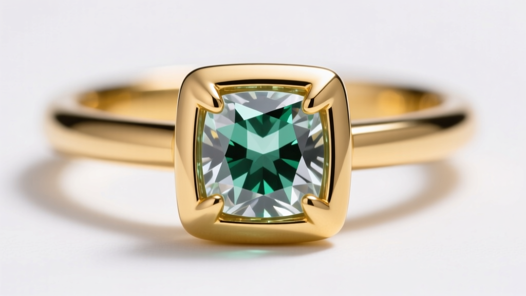 Close-up of a 14k yellow gold bezel holding an emerald-cut stone, revealing secure, polished metal edges in soft studio lighting